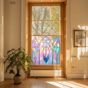 Colorful PVC static glass window film showcasing gothic stained glass holographic decorative effect.