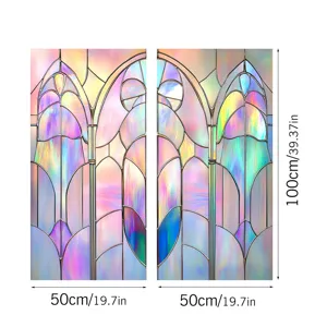 Colorful holographic stained glass window film detail view, static cling PVC decor sticker.