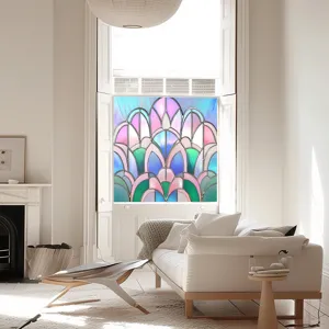 Detail view of colorful stained glass window film, art deco fan pattern, static cling.