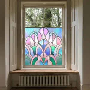 Decorative stained glass window film detail, colorful art deco fan pattern for home window decor