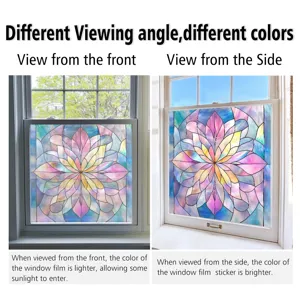 Colorful PVC static window film featuring geometric floral stained glass design for home decor detail.