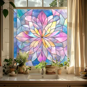 Stained glass window film with vibrant colorful mandala floral pattern, home window decor.