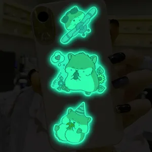 Autocollants de hamster de dessin animé mignon phosphorescents bleu-vert pour coques et murs.
