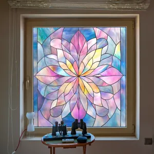 Colorful PVC static window film featuring stained glass floral design for home decoration.