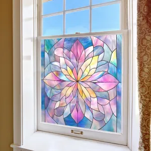 Detailed scene of stained glass floral window film, colorful static cling glass sticker decor.
