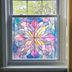 Decorative stained glass window film, colorful floral design, static cling privacy sticker.