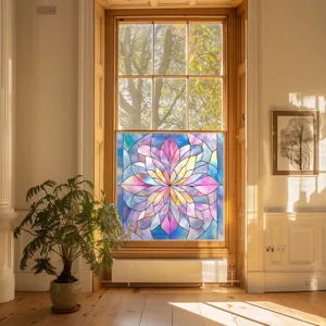 Colorful stained glass window film detail, mandala flower pattern, static cling home decor.