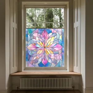 Colorful PVC static window film with stained glass floral pattern, ideal for home decor.