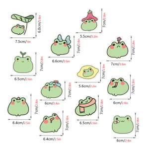 Joli ensemble d'autocollants étanches de grenouille dessin animé kawaii avec dimensions claires.
