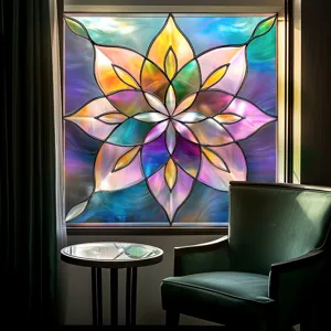 Colorful PVC static window film featuring vibrant floral pattern for home window glass decor.