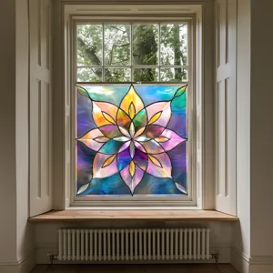 Detailed view of colorful PVC stained glass window film, decorative non-adhesive sticker for home.
