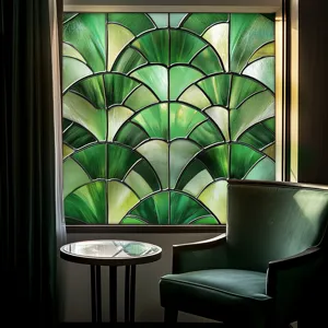 Green fan pattern window film, Art Deco stained glass static cling sticker for home decor.