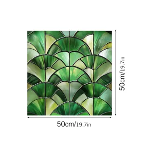 Green art deco stained glass window film, PVC static cling glass sticker, 50x50cm size.