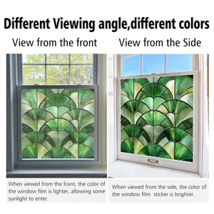 Decorative green fan pattern static window film, stained glass privacy sticker for home.