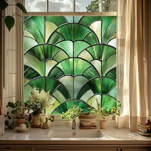 Green art deco fan stained glass window film, static cling PVC privacy home decor sticker.