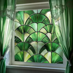 Green fan stained glass window film static cling PVC decorative privacy sticker for home window