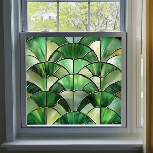 Green fan pattern static window film PVC stained glass sticker for home window decor