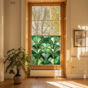 Decorative green fan glass window film, static cling privacy sticker for home decor.