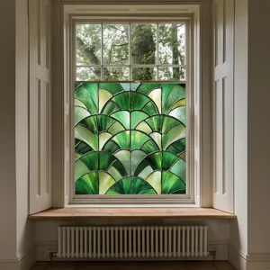 Green stained glass window film, static cling art deco fan pattern privacy glass sticker.