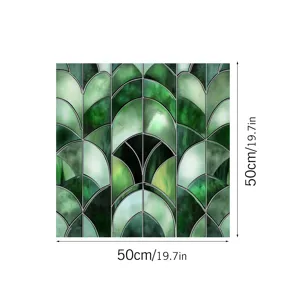 Green geometric stained glass window film, decorative PVC static cling sticker 50x50cm.