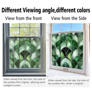 Green geometric window film detail view, static decorative glass sticker for home decoration.