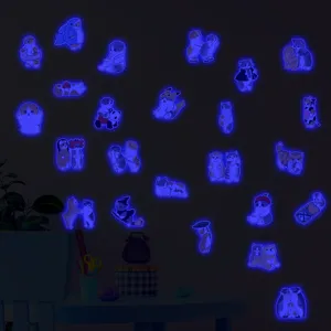 Autocollants muraux chat mignon lumineux, stickers muraux animaux dessin animé phosphorescents.
