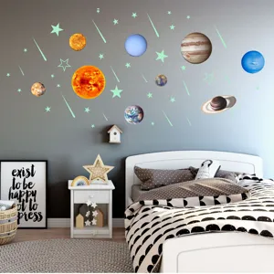 Glow in the dark solar system wall stickers, luminous planets and stars for kids room decor.