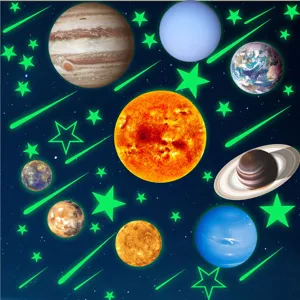 Details of solar system luminous wall stickers featuring glowing planets and stars for room decor.