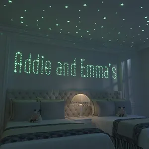 Glow in the dark star wall stickers detail scene showing luminous bedroom decor and custom names.