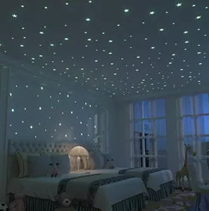 Glow in the dark star wall stickers detail view showing luminous effect on bedroom ceiling.