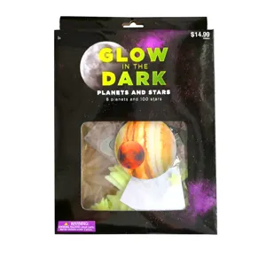 Glow in the dark planets and stars detail view showing packaging design and contents inside box.