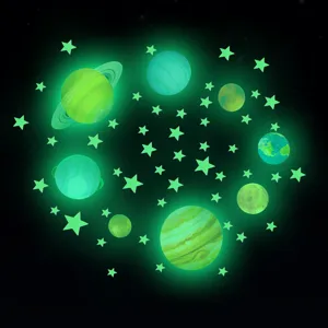 Detailed view of glowing wall stickers featuring luminous planets and stars for room decor.