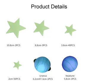 Glow in the dark star and planet wall stickers set, luminous ceiling decals for kids room.