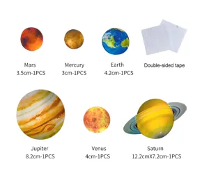 Solar system planet wall stickers set with varied sizes, includes double-sided tape for room decor.