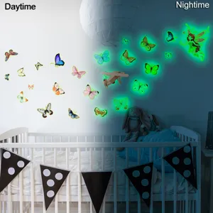 Stickers Muraux Papillon et Fée en PVC Brillant dans le Noir Adhésifs Muraux Cartoon Lumineux pour Chambre d'Enfant