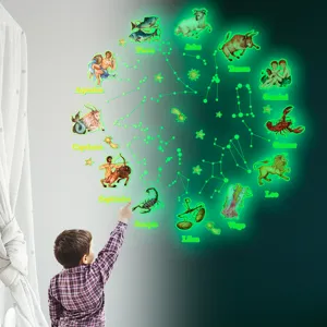 12 Signes du Zodiaque Stickers Muraux Lumineux Brille dans le Nuit Étoiles de Dessin Animé Autocollants pour Chambre d'Enfant Décoration