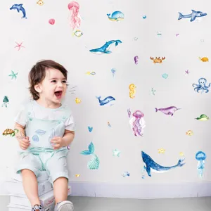 Autocollants muraux animaux marins aquarelle lumineuse pour chambre d'enfant deco, beau design.