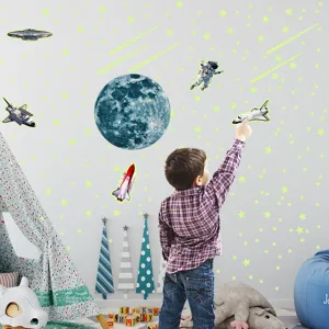 Glow in the dark space wall stickers for kids bedroom, luminous moon and stars decor.