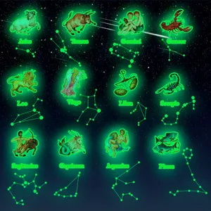 Vue détaillée des autocollants muraux du zodiaque lumineux verts avec motifs de constellations.
