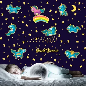 Adesivi murali unicorno fluorescenti per cameretta bambini decorazione stelle.