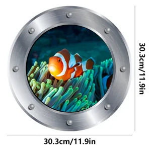 Porthole wall sticker detail view showing clownfish and anemone pattern with size 30.3cm.
