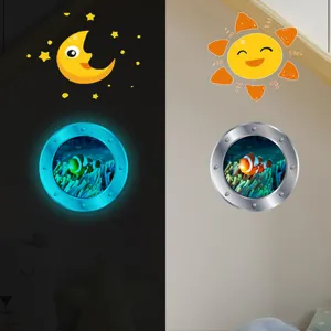 Luminous fake window wall sticker for kids room, cartoon ocean porthole design with glowing effect.