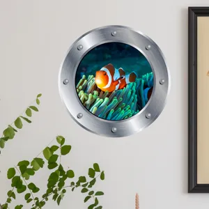 Glow in the dark 3D porthole clownfish wall sticker for kids room kindergarten decor.