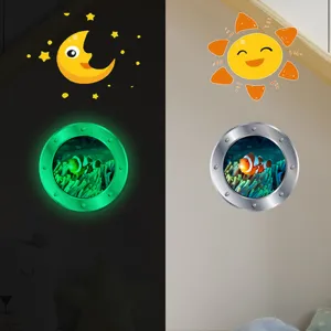 Luminous 3D porthole wall sticker glow in the dark cartoon window decal for kids room.