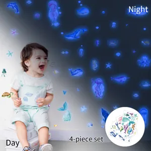 Luminous glowing ocean animal wall stickers, 4-piece set for kids bedroom wall decoration.