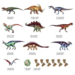 Tableau des tailles de stickers muraux dinosaures lumineux avec divers motifs et dimensions.