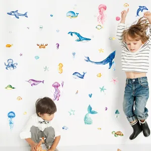 Watercolor marine animal wall stickers for kids room, cute whale and turtle wall decals.