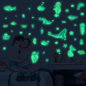Glow in the dark ocean animals wall stickers for kids bedroom, luminous whale and jellyfish decor.