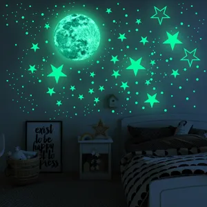 Luminous wall stickers glow in the dark moon and stars PVC room decor for kids bedroom.