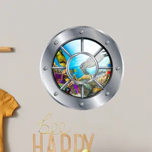 Luminous porthole wall sticker, ocean underwater world cartoon design for kids room decor.